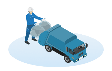 ゴミ収集車にごみ袋を積み込み、回収が始まる様子のイラスト