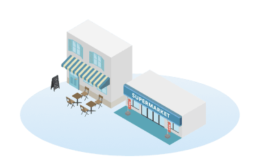 カフェとスーパーマーケットなど、業態の異なる店舗のイラスト